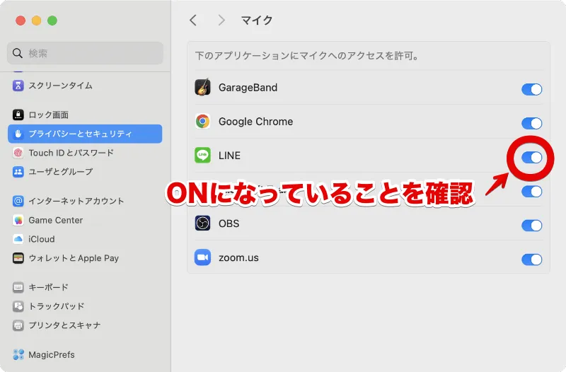 Macシステム設定のプライバシーとセキュリティ-マイク