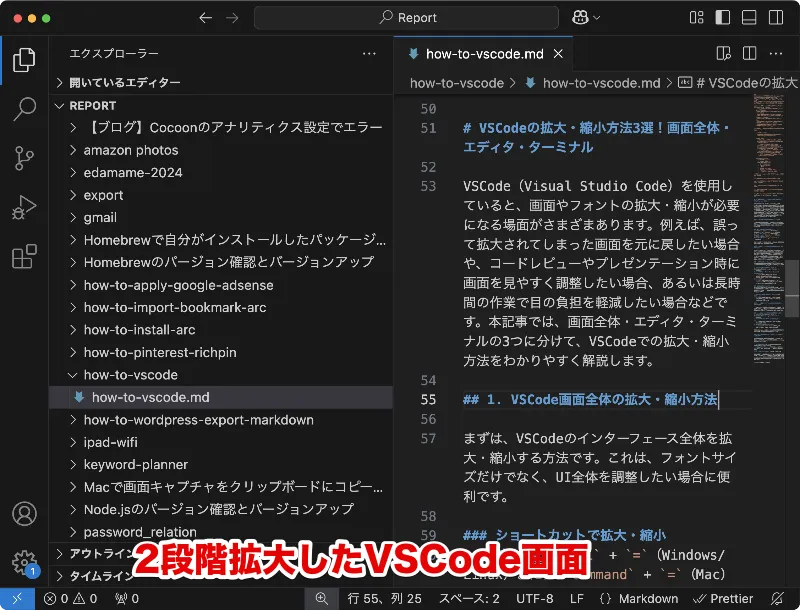 2段階拡大したVSCode画面