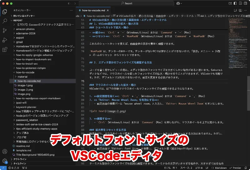 デフォルトフォントサイズのVSCodeエディタ