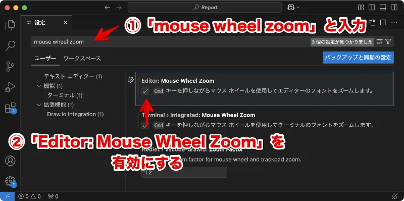 マウスホイールでVSCodeのエディタフォントサイズを変更する設定画面