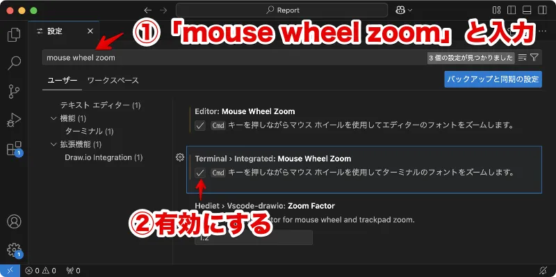 マウスホイールでVSCodeのターミナルフォントサイズを変更する設定画面