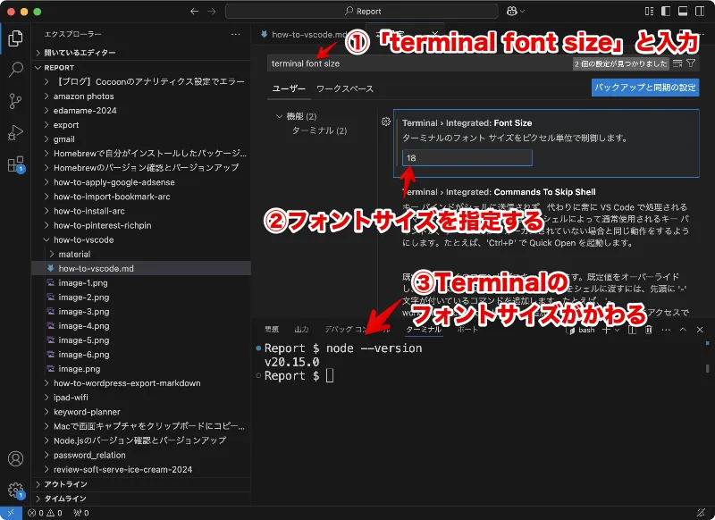 VSCodeの設定画面からターミナルのフォントサイズを変更した画面