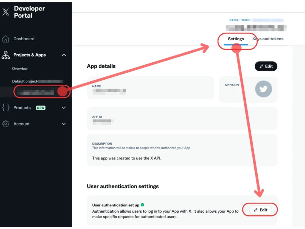 X開発者ポータル画面からUser authentication settings画面に移動する方法