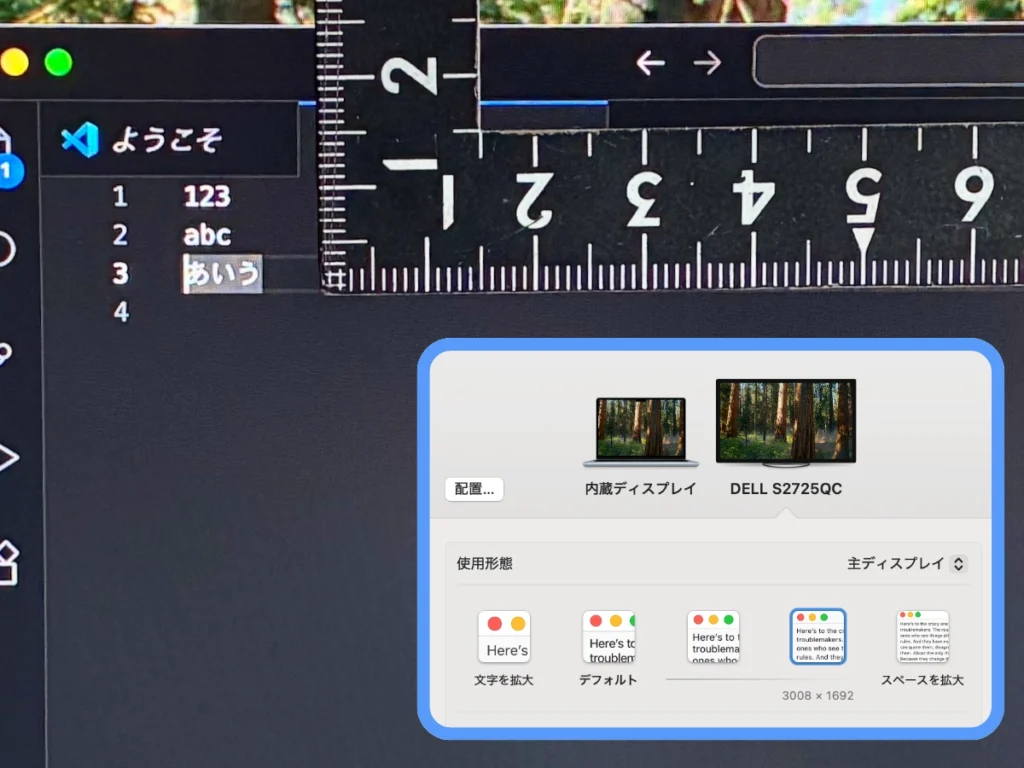 MacBook Air M4+Dell S2725QC、3008×1692表示のVSCode文字高さを測定(約4mm)