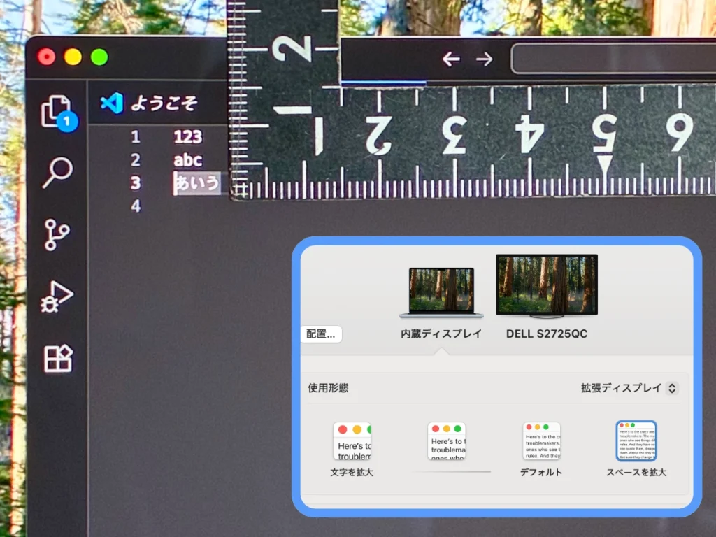 MacBook Air M4内蔵ディスプレイ「スペースを拡大」時のVSCode文字高さ(約4mm)
