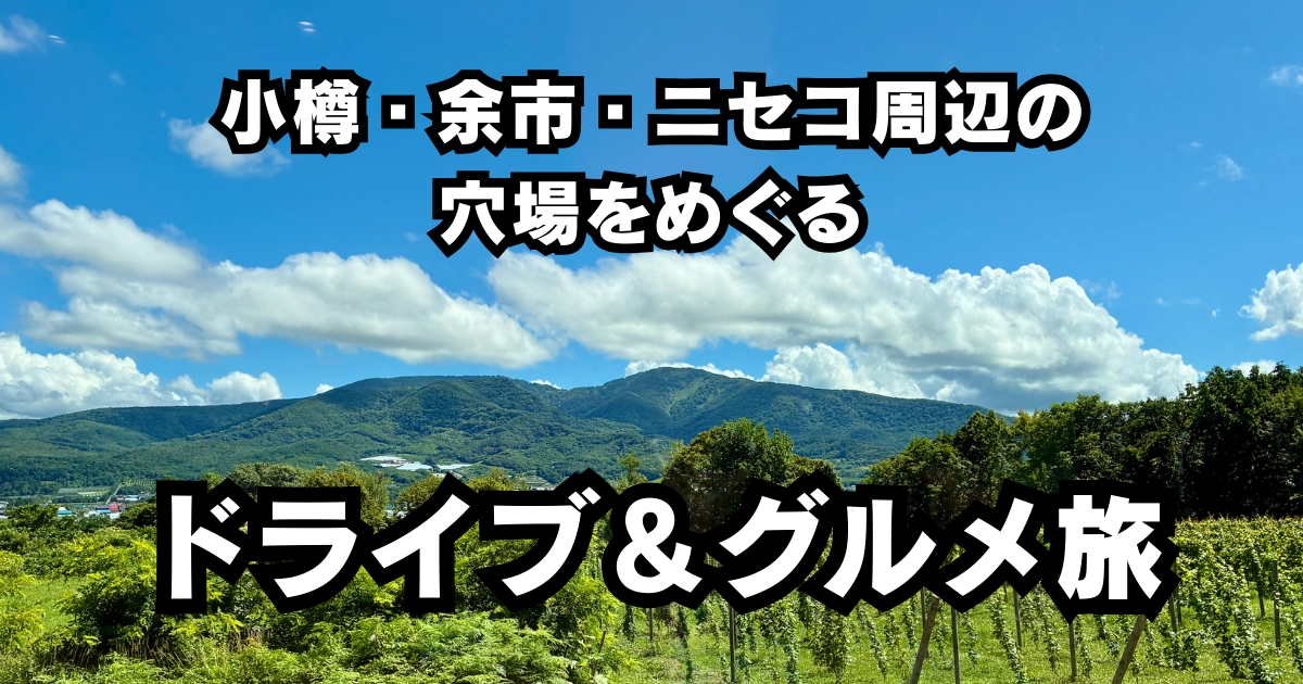 小樽・余市・ニセコ周辺の穴場スポットをめぐる仁木町・赤井川村ドライブ＆グルメ旅のアイキャッチ画像。青空と頂白山、ぶどう畑の絶景。