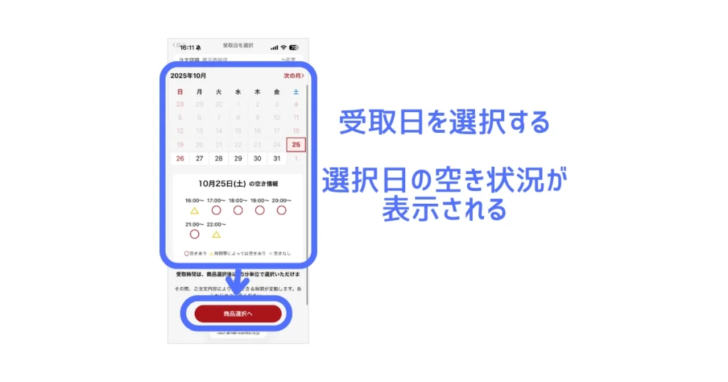 スシローお持ち帰りネット注文手順|受取日選択画面。時間帯の空き状況も確認可能