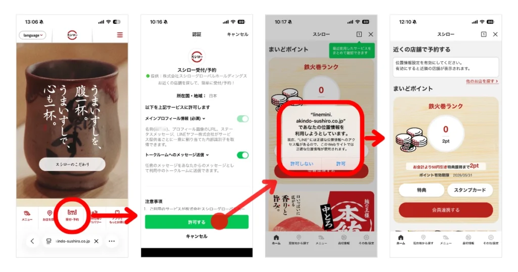 スシロー公式サイトからLINEミニアプリ「スシロー受付/予約」を登録する操作の画面キャプチャ
