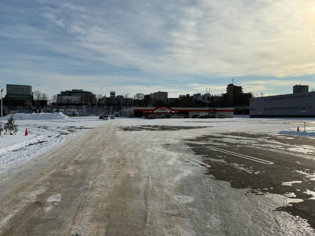 ロピア中の島店の駐車場全体の様子。中の島通側入口付近からロピア店舗とニトリ店舗、広い駐車スペースが確認できる