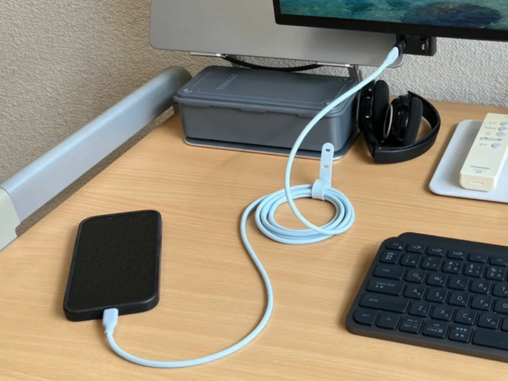 「Anker PowerLine III Flow USB-C & USB-C ケーブル 1.8m」を使ってDELL S2725QCからiPhone16eを充電している様子