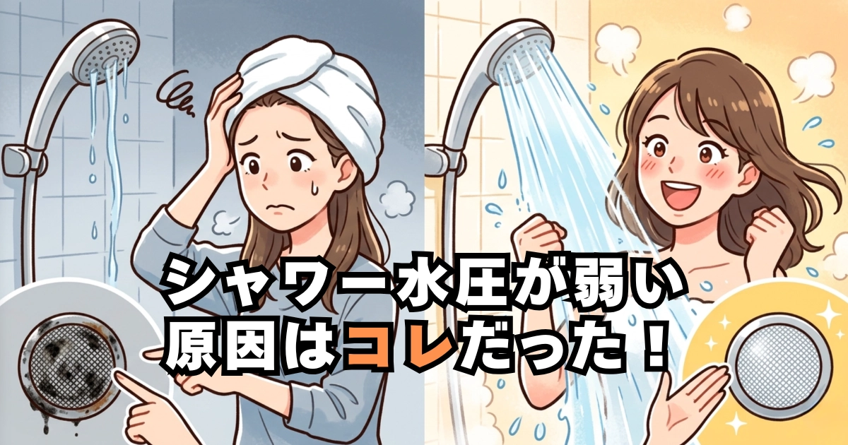 シャワーの水圧が弱い原因と改善イメージ（給水ストレーナー掃除で水圧回復）