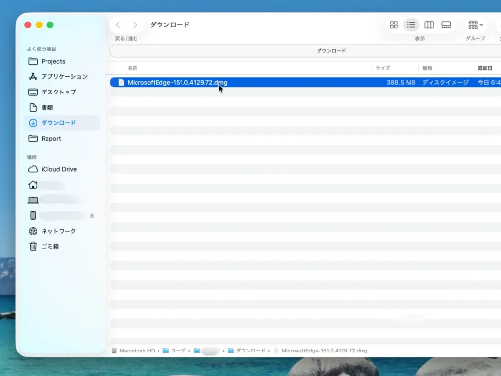 Macのダウンロードフォルダに保存されたMicrosoft Edgeのdmgファイル