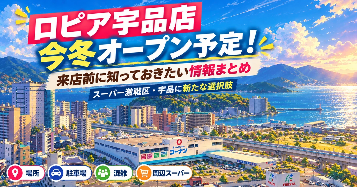 広島市南区のコーナン宇品店周辺を背景に、ロピア宇品店が今冬オープン予定と紹介するアイキャッチ画像